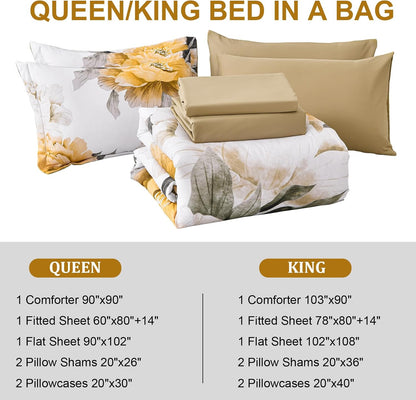 Yellow King Size Comforter Set 7 Piece Bed in a Bag, Yellow Floral Comforter Set with Sheets, Soft Microfiber Botanical Complete Bedding Set for All Season