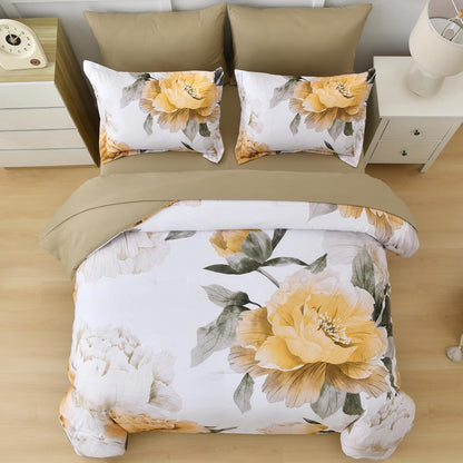 Yellow King Size Comforter Set 7 Piece Bed in a Bag, Yellow Floral Comforter Set with Sheets, Soft Microfiber Botanical Complete Bedding Set for All Season