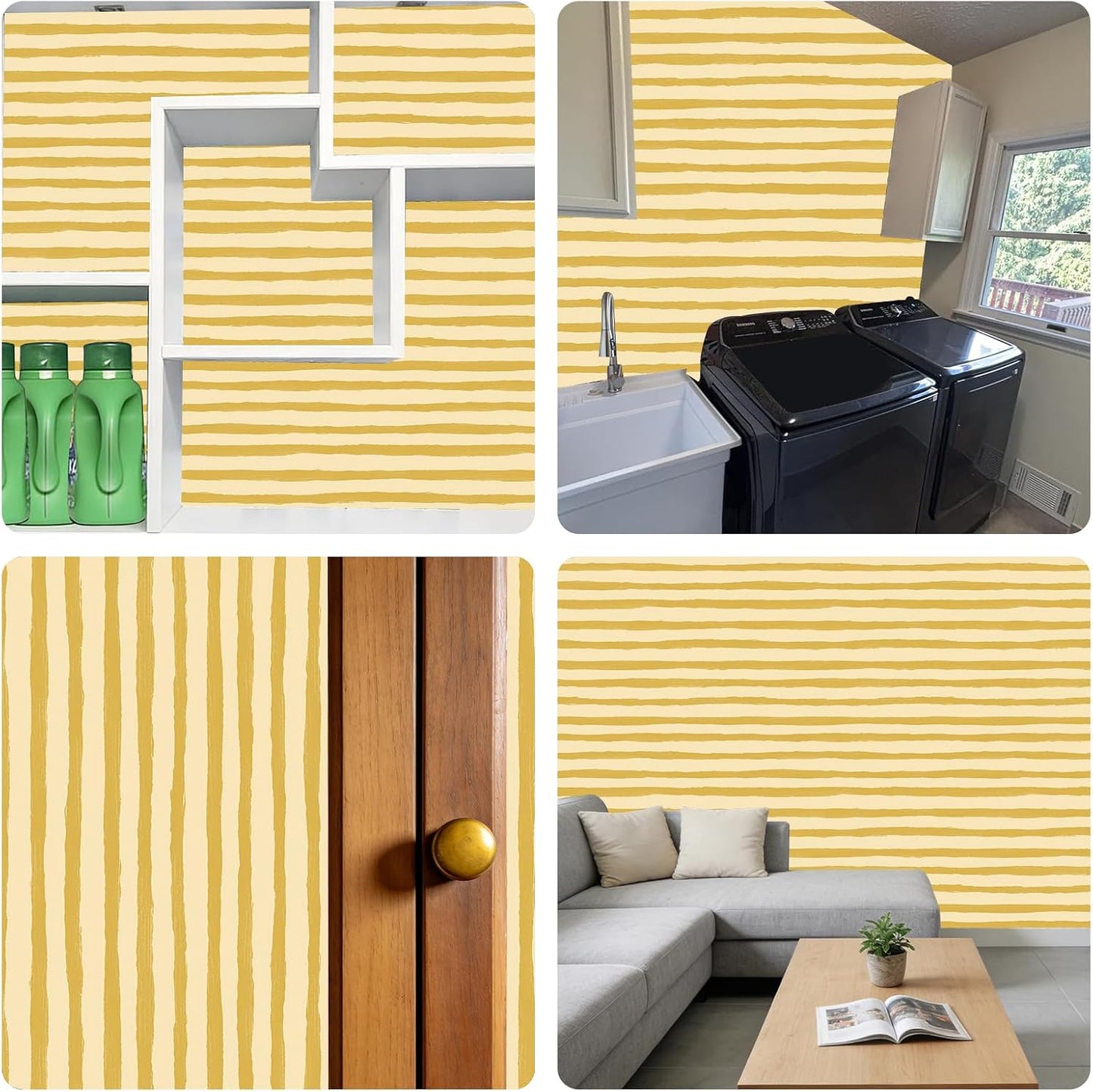 Yellow Stripe Irregular Wallpaper Peel and Stick Wallpaper Wall Paper Self Adhesive Liner Furniture Cabinet Contact Paper for Cabinet Shelf Drawer Liner Bedroom DIY Decor