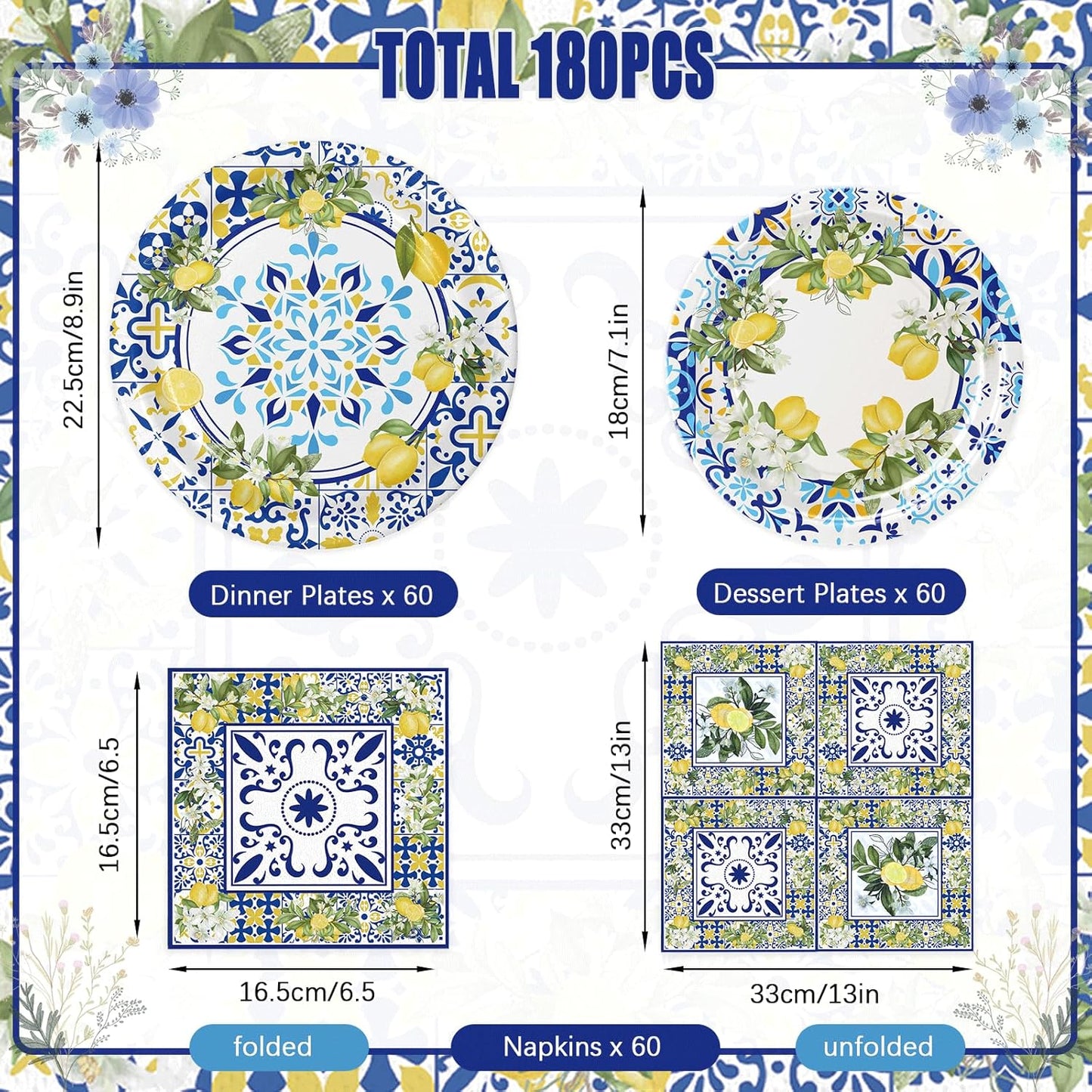 180PCS Capri Lemon Party Supplies – Amalfi Coast Lemon Paper Plates and Napkins Set, Blue Tiles Mediterranean Party Tableware Supplies for Summer Birthday Bridal Shower Party Supplies Decorations