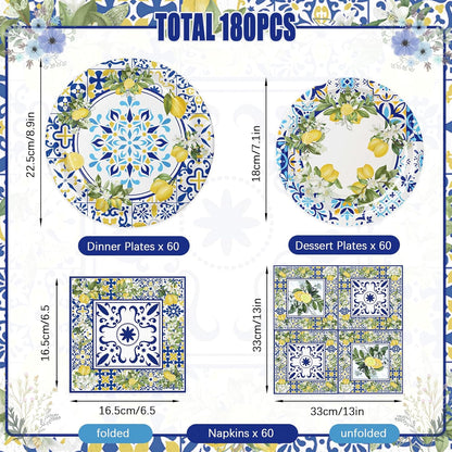 180PCS Capri Lemon Party Supplies – Amalfi Coast Lemon Paper Plates and Napkins Set, Blue Tiles Mediterranean Party Tableware Supplies for Summer Birthday Bridal Shower Party Supplies Decorations