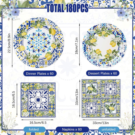 180PCS Capri Lemon Party Supplies – Amalfi Coast Lemon Paper Plates and Napkins Set, Blue Tiles Mediterranean Party Tableware Supplies for Summer Birthday Bridal Shower Party Supplies Decorations