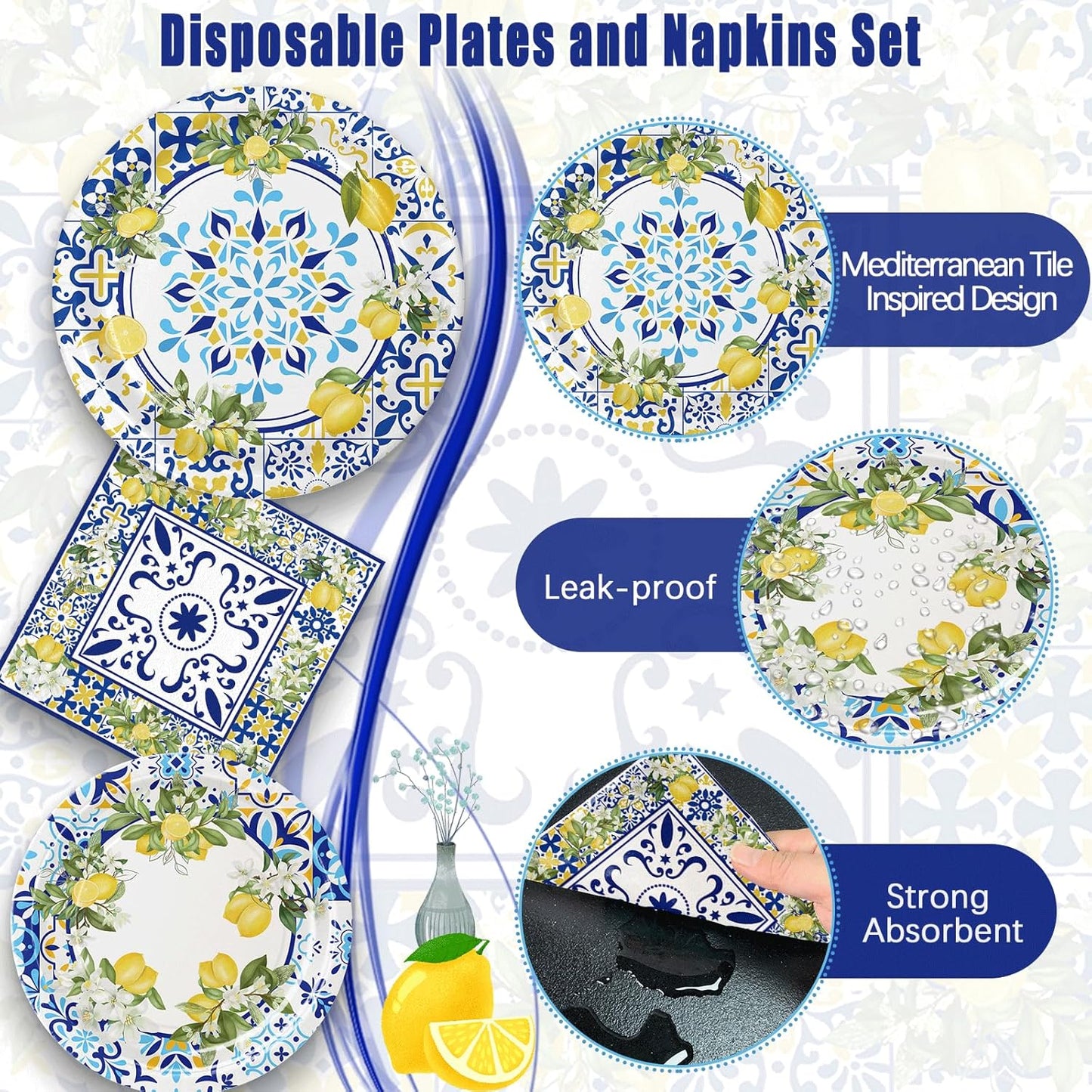 180PCS Capri Lemon Party Supplies – Amalfi Coast Lemon Paper Plates and Napkins Set, Blue Tiles Mediterranean Party Tableware Supplies for Summer Birthday Bridal Shower Party Supplies Decorations