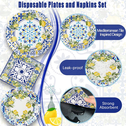180PCS Capri Lemon Party Supplies – Amalfi Coast Lemon Paper Plates and Napkins Set, Blue Tiles Mediterranean Party Tableware Supplies for Summer Birthday Bridal Shower Party Supplies Decorations