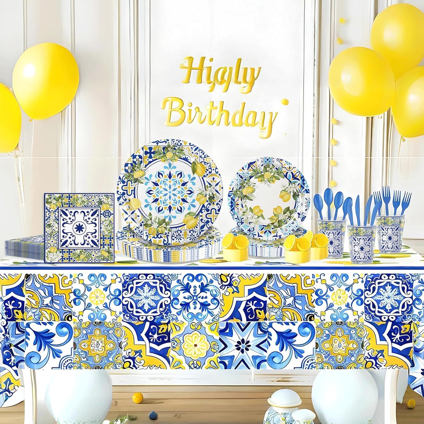 180PCS Capri Lemon Party Supplies – Amalfi Coast Lemon Paper Plates and Napkins Set, Blue Tiles Mediterranean Party Tableware Supplies for Summer Birthday Bridal Shower Party Supplies Decorations