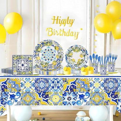 180PCS Capri Lemon Party Supplies – Amalfi Coast Lemon Paper Plates and Napkins Set, Blue Tiles Mediterranean Party Tableware Supplies for Summer Birthday Bridal Shower Party Supplies Decorations