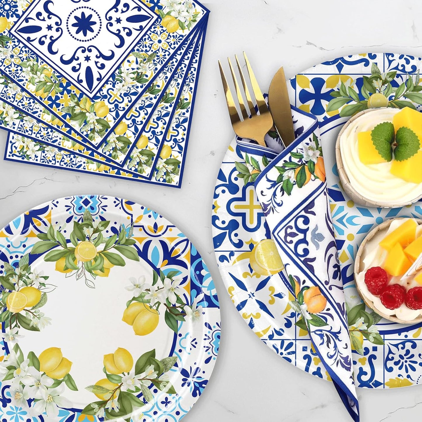 180PCS Capri Lemon Party Supplies – Amalfi Coast Lemon Paper Plates and Napkins Set, Blue Tiles Mediterranean Party Tableware Supplies for Summer Birthday Bridal Shower Party Supplies Decorations
