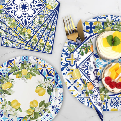 180PCS Capri Lemon Party Supplies – Amalfi Coast Lemon Paper Plates and Napkins Set, Blue Tiles Mediterranean Party Tableware Supplies for Summer Birthday Bridal Shower Party Supplies Decorations