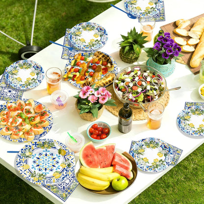 180PCS Capri Lemon Party Supplies – Amalfi Coast Lemon Paper Plates and Napkins Set, Blue Tiles Mediterranean Party Tableware Supplies for Summer Birthday Bridal Shower Party Supplies Decorations
