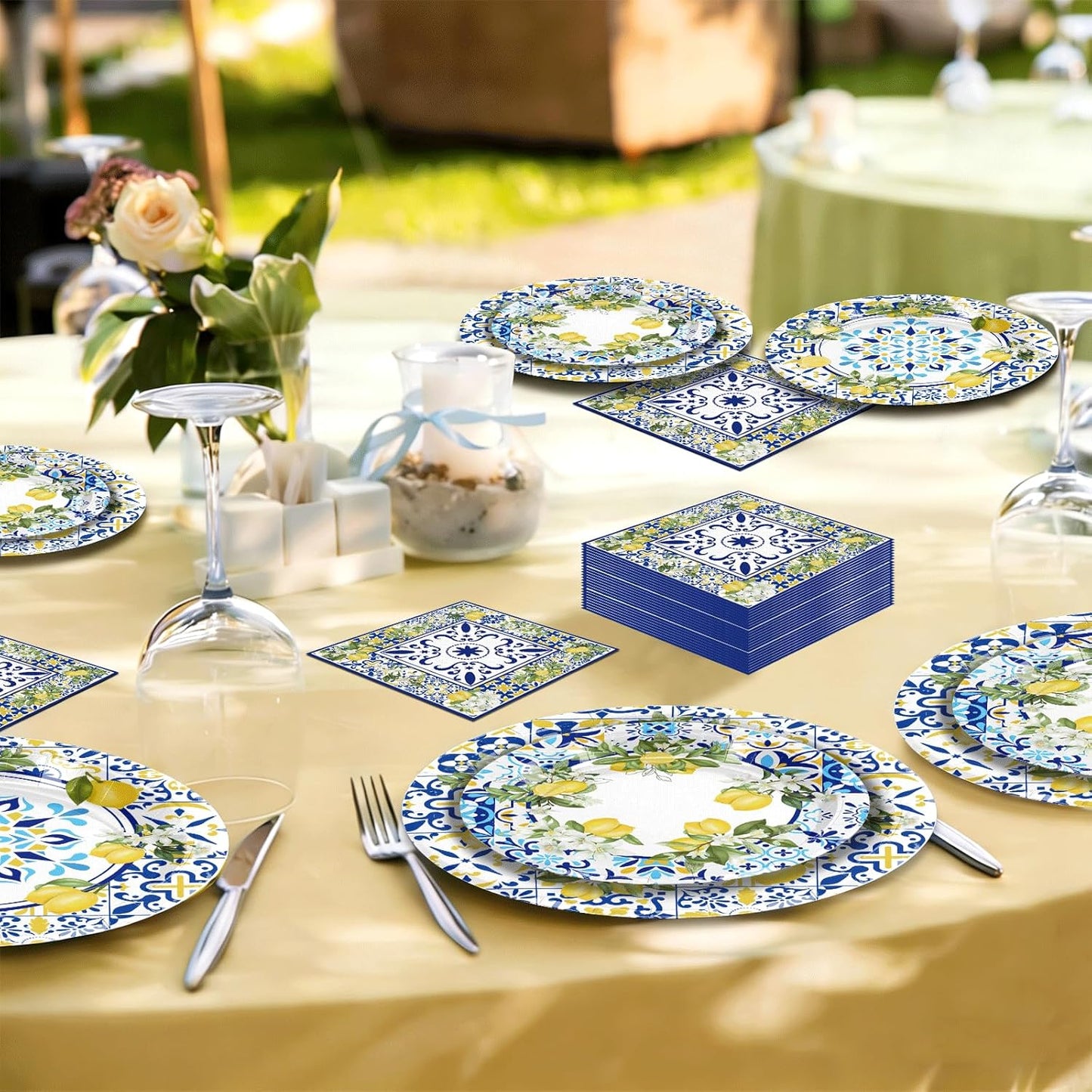 180PCS Capri Lemon Party Supplies – Amalfi Coast Lemon Paper Plates and Napkins Set, Blue Tiles Mediterranean Party Tableware Supplies for Summer Birthday Bridal Shower Party Supplies Decorations