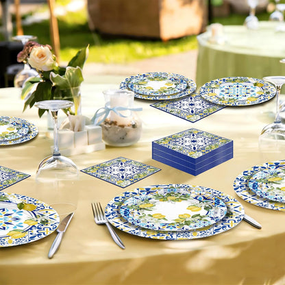 180PCS Capri Lemon Party Supplies – Amalfi Coast Lemon Paper Plates and Napkins Set, Blue Tiles Mediterranean Party Tableware Supplies for Summer Birthday Bridal Shower Party Supplies Decorations