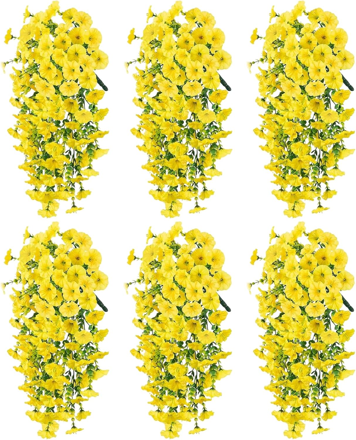 Artificial Haning Flowers for Outdoors, 6 Pcs UV Resistant Morning Glory | 300 Blooms with Eucalyptus Leaves, Realistic Fake Flowers Vines for Outside Planter Porch Patio Balcony Yard Garden