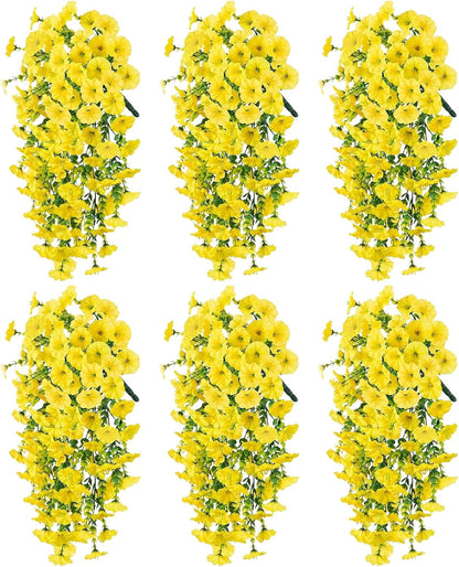 Artificial Haning Flowers for Outdoors, 6 Pcs UV Resistant Morning Glory | 300 Blooms with Eucalyptus Leaves, Realistic Fake Flowers Vines for Outside Planter Porch Patio Balcony Yard Garden