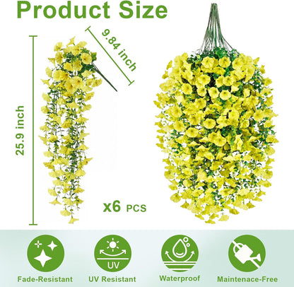 Artificial Haning Flowers for Outdoors, 6 Pcs UV Resistant Morning Glory | 300 Blooms with Eucalyptus Leaves, Realistic Fake Flowers Vines for Outside Planter Porch Patio Balcony Yard Garden