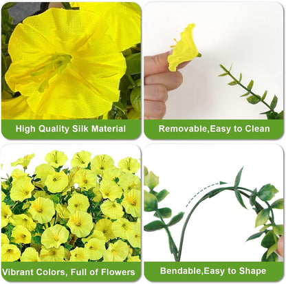 Artificial Haning Flowers for Outdoors, 6 Pcs UV Resistant Morning Glory | 300 Blooms with Eucalyptus Leaves, Realistic Fake Flowers Vines for Outside Planter Porch Patio Balcony Yard Garden