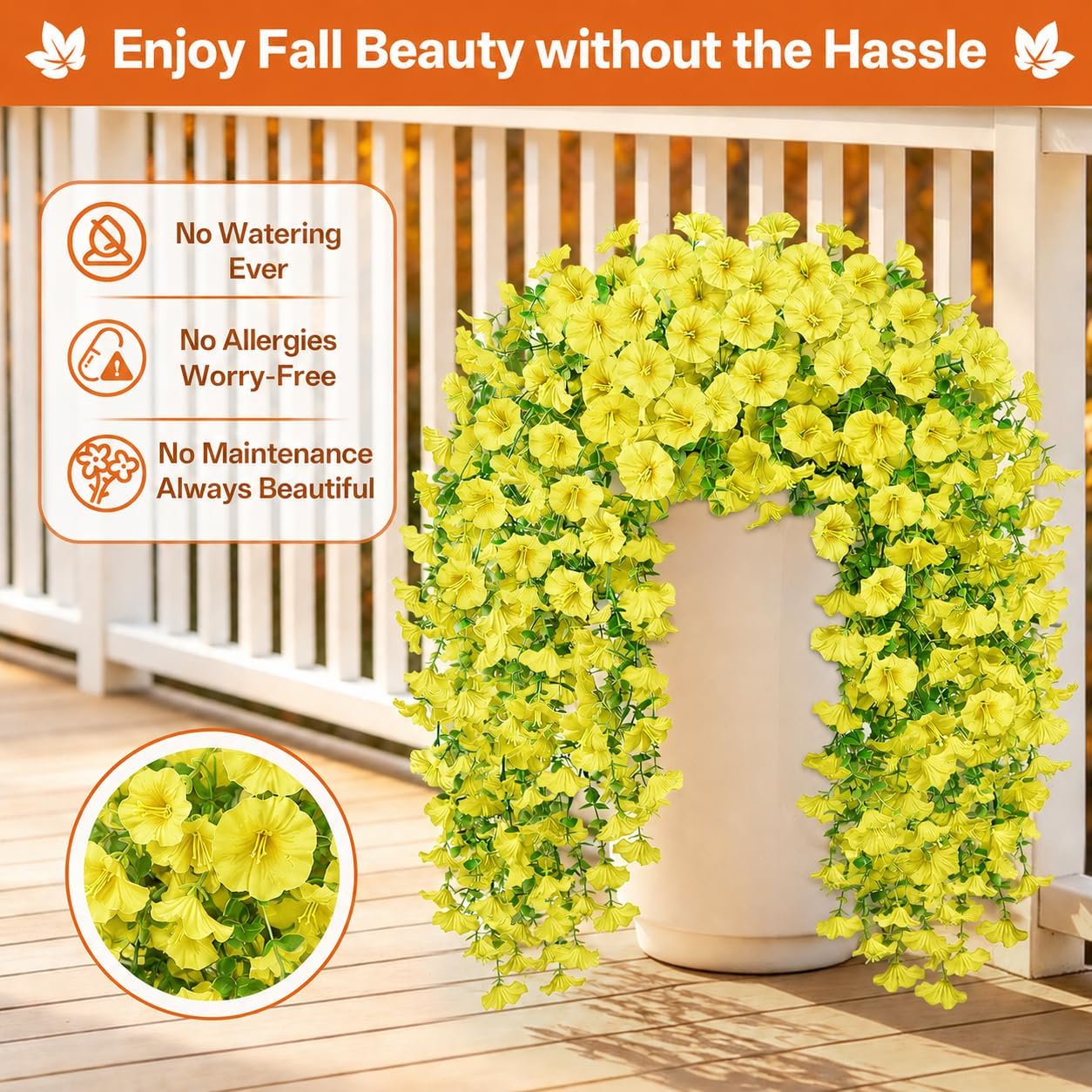 Artificial Haning Flowers for Outdoors, 6 Pcs UV Resistant Morning Glory | 300 Blooms with Eucalyptus Leaves, Realistic Fake Flowers Vines for Outside Planter Porch Patio Balcony Yard Garden