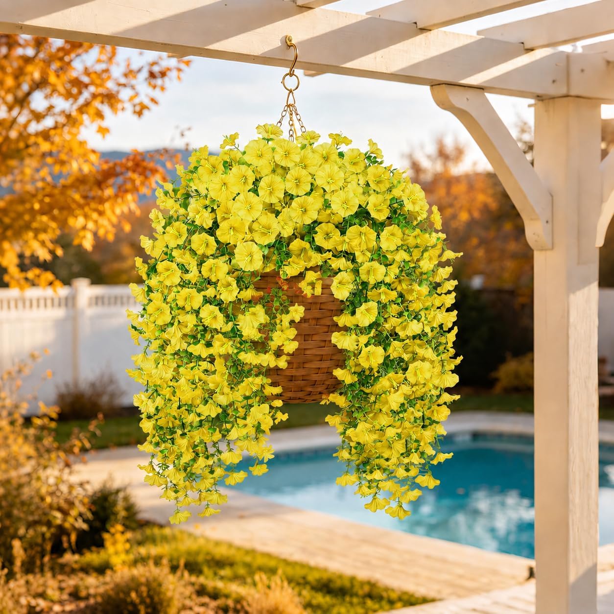 Artificial Haning Flowers for Outdoors, 6 Pcs UV Resistant Morning Glory | 300 Blooms with Eucalyptus Leaves, Realistic Fake Flowers Vines for Outside Planter Porch Patio Balcony Yard Garden