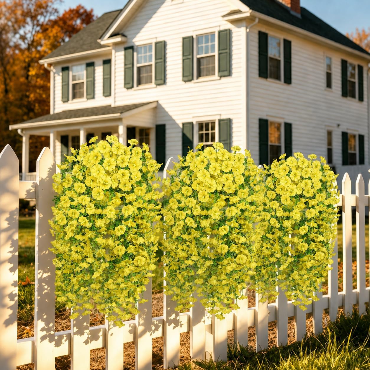 Artificial Haning Flowers for Outdoors, 6 Pcs UV Resistant Morning Glory | 300 Blooms with Eucalyptus Leaves, Realistic Fake Flowers Vines for Outside Planter Porch Patio Balcony Yard Garden