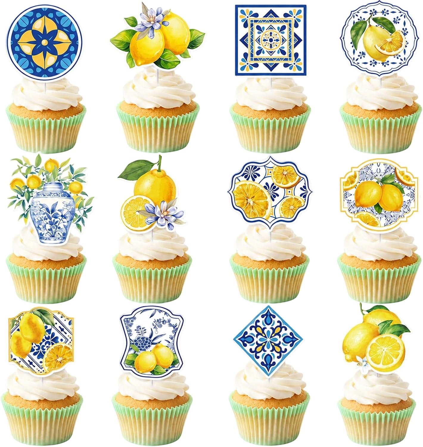 Lemon Cupcake Toppers, 36 Count Blue Tile Lemon Cake Decorations, Coastal Party Decor for Wedding Birthday Bridal Shower, Lemon Themed Party Decorations