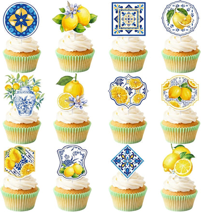 Lemon Cupcake Toppers, 36 Count Blue Tile Lemon Cake Decorations, Coastal Party Decor for Wedding Birthday Bridal Shower, Lemon Themed Party Decorations