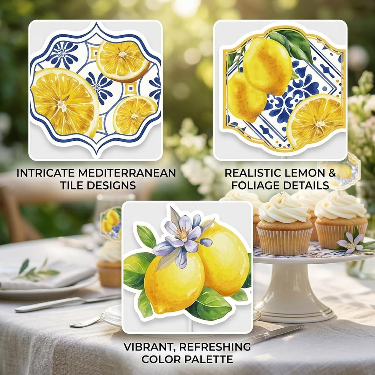 Lemon Cupcake Toppers, 36 Count Blue Tile Lemon Cake Decorations, Coastal Party Decor for Wedding Birthday Bridal Shower, Lemon Themed Party Decorations