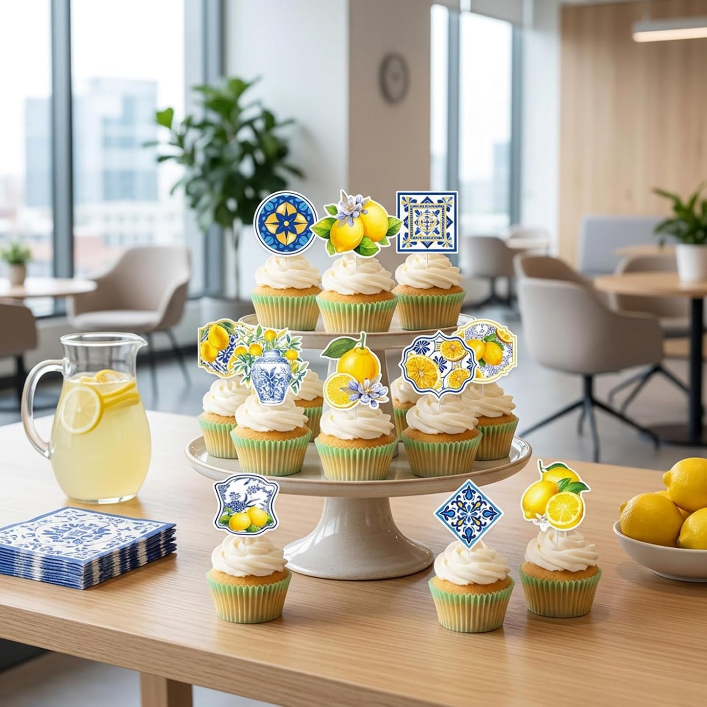Lemon Cupcake Toppers, 36 Count Blue Tile Lemon Cake Decorations, Coastal Party Decor for Wedding Birthday Bridal Shower, Lemon Themed Party Decorations