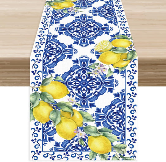 Lemon Tile Table Runner, Rustic Blue and White Lemon Tile Ceramic Watercolor Farmhouse Yellow Lemon Spring Summer Table Center Decor for Family Kitchen Outdoor Party Table Decorations, 13"x36"