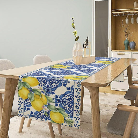 Lemon Tile Table Runner, Rustic Blue and White Lemon Tile Ceramic Watercolor Farmhouse Yellow Lemon Spring Summer Table Center Decor for Family Kitchen Outdoor Party Table Decorations, 13"x36"