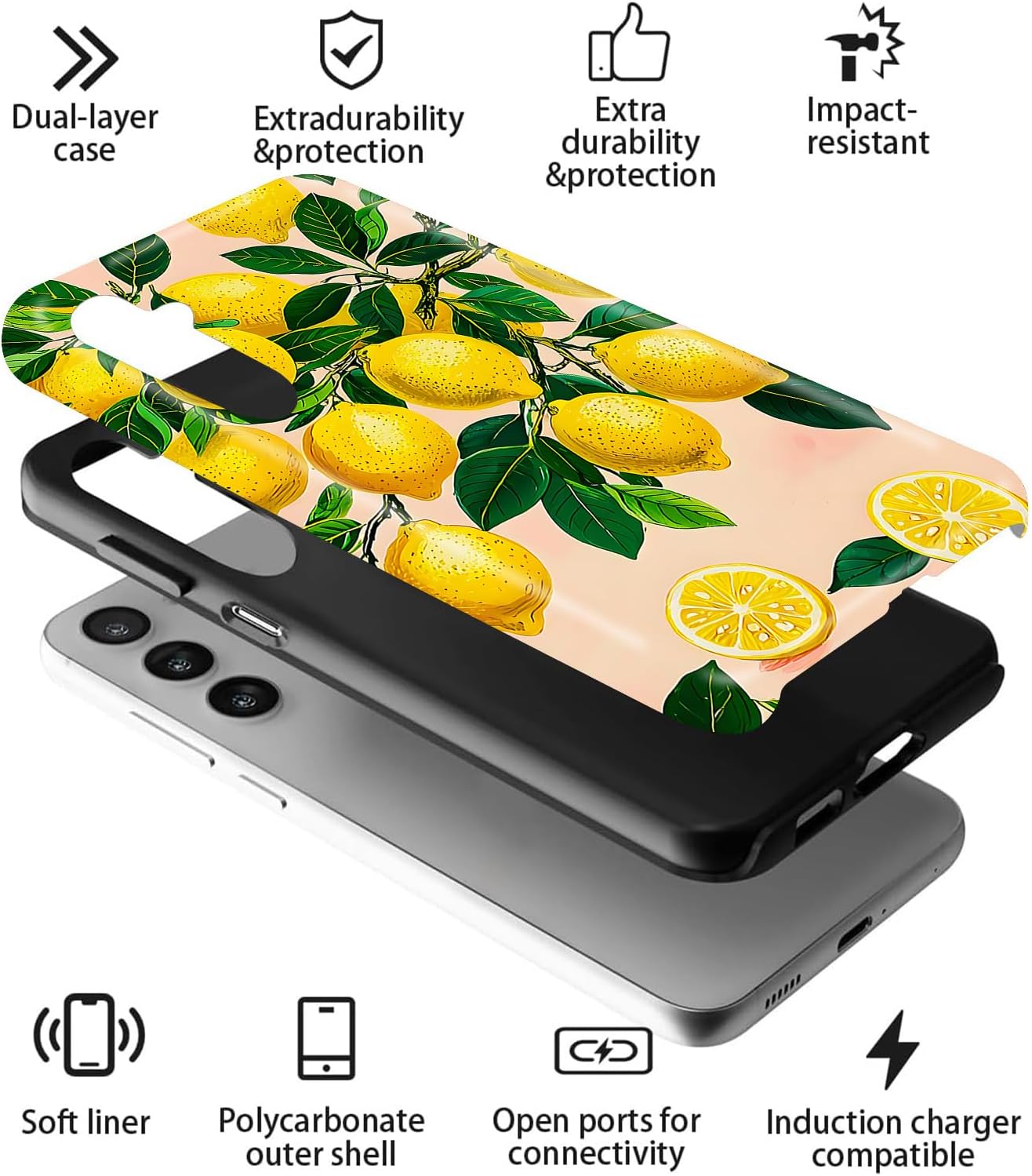 for Galaxy S25 FE Case, Dual Layer Hard PC + Soft TPU Heavy Duty 2 in 1 Shockproof Protective Phone Case for Samsung Galaxy S25 FE 6.7"(2025) - Lemon Tree Branch Print