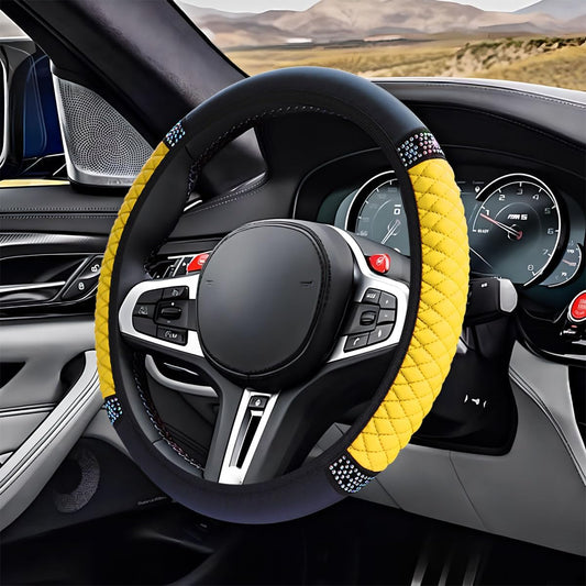 Leather Steering Wheel Cover, Bling Car Interior Accessory (Yellow) | 15" Soft Anti-Slip Elastic Steering Wheel Protector, Colorful Diamond Crystal Car Accessories for Most Vehicles