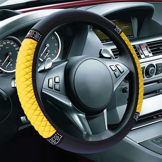Leather Steering Wheel Cover, Bling Car Interior Accessory (Yellow) | 15" Soft Anti-Slip Elastic Steering Wheel Protector, Colorful Diamond Crystal Car Accessories for Most Vehicles