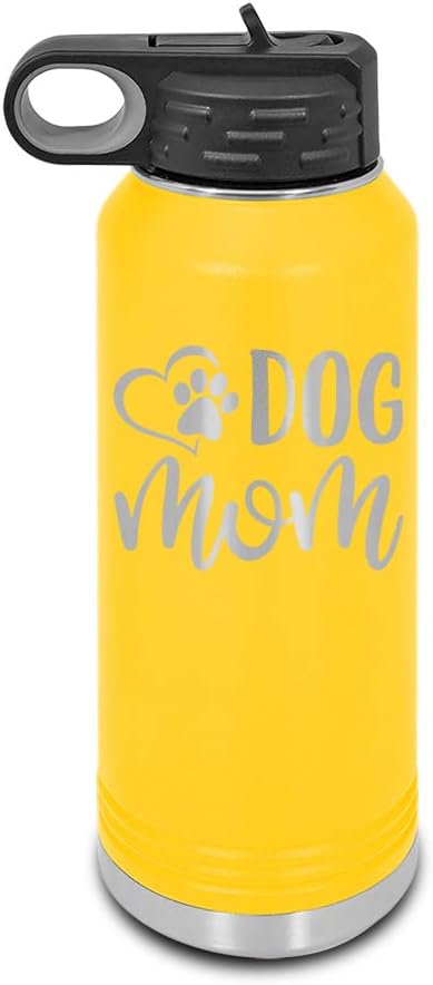 Dog Mom Paw Heart Laser Engraved Water Bottle Customizable Polar Camel Stainless Steel with Straw - love pets animals dogs canine Yellow 32 oz