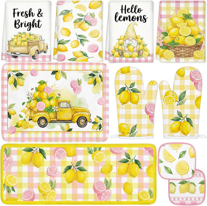 10Pcs Lemon Kitchen Decor Set Lemons Print Towels Pot Hand Holders Oven Mitts Mats for Summer Home Baking Gifts (Pink)