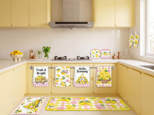 10Pcs Lemon Kitchen Decor Set Lemons Print Towels Pot Hand Holders Oven Mitts Mats for Summer Home Baking Gifts (Pink)