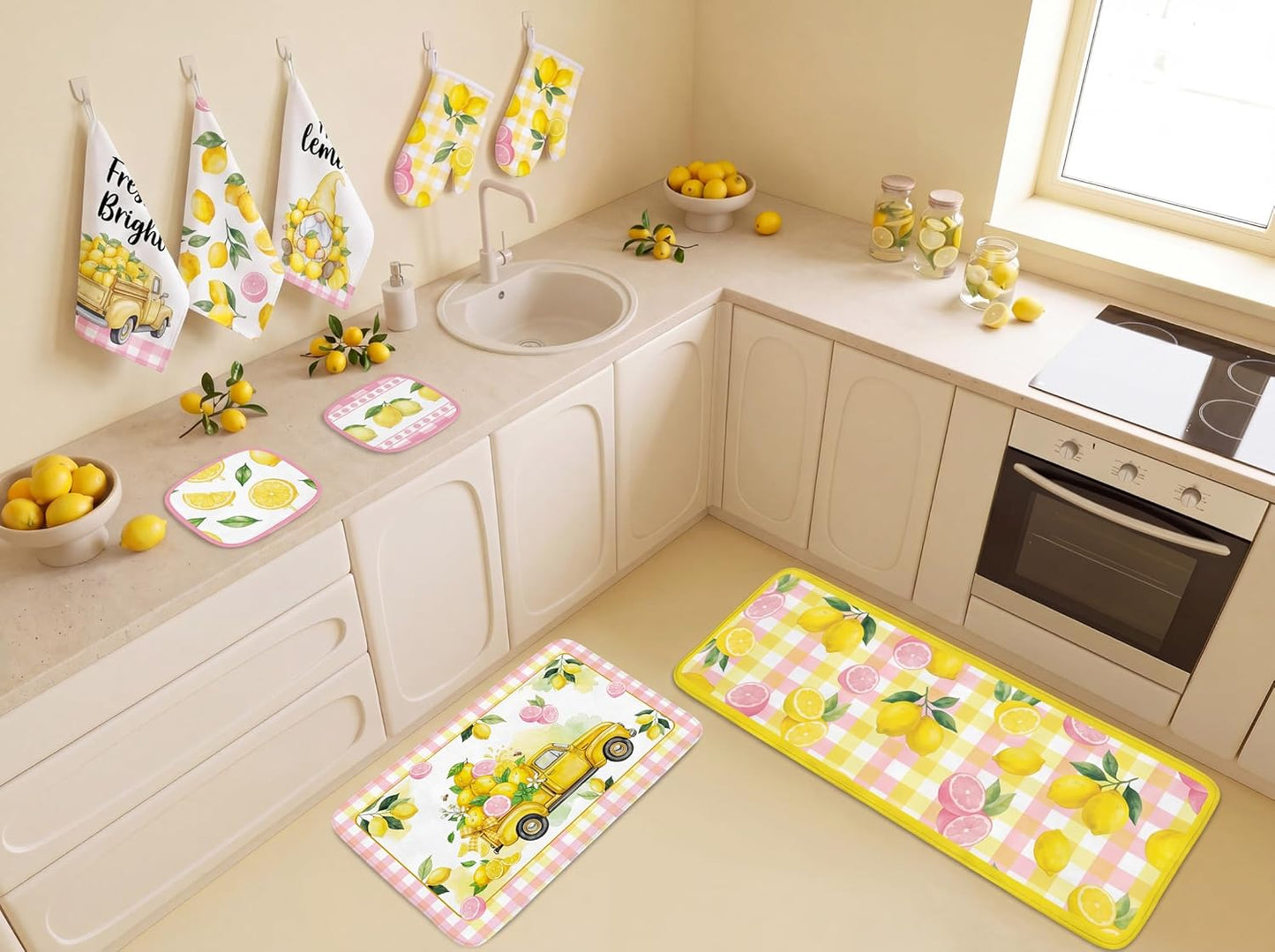 10Pcs Lemon Kitchen Decor Set Lemons Print Towels Pot Hand Holders Oven Mitts Mats for Summer Home Baking Gifts (Pink)