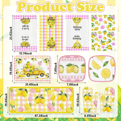 10Pcs Lemon Kitchen Decor Set Lemons Print Towels Pot Hand Holders Oven Mitts Mats for Summer Home Baking Gifts (Pink)