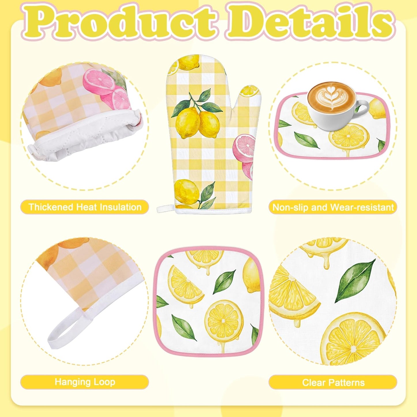 10Pcs Lemon Kitchen Decor Set Lemons Print Towels Pot Hand Holders Oven Mitts Mats for Summer Home Baking Gifts (Pink)