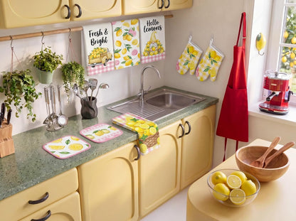 10Pcs Lemon Kitchen Decor Set Lemons Print Towels Pot Hand Holders Oven Mitts Mats for Summer Home Baking Gifts (Pink)