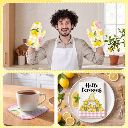 10Pcs Lemon Kitchen Decor Set Lemons Print Towels Pot Hand Holders Oven Mitts Mats for Summer Home Baking Gifts (Pink)
