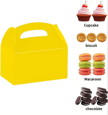 12 Pack Treat Boxes, 6.2x3.6x3.3 Inches Candy Gift Boxes, Party Favor With Handles, Paper Gift Boxes for Kids, Snacks, Candy, Toys, Birthday, Wedding, Halloween, Christmas (Yellow)