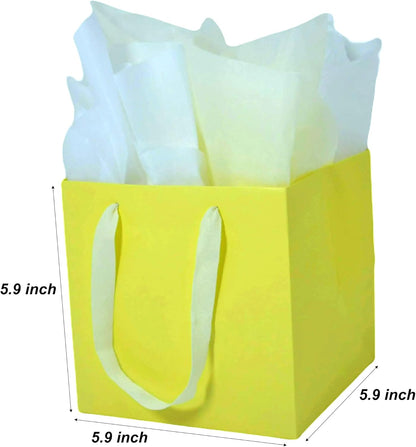 Small Square Gift Bags with Tissue Paper, Yellow, 2 PK, 5.9 IN | Paper Bags with Handles for Birthday, Wedding, Party Favors, Presents, Flowers, Shopping, Gift Wrap
