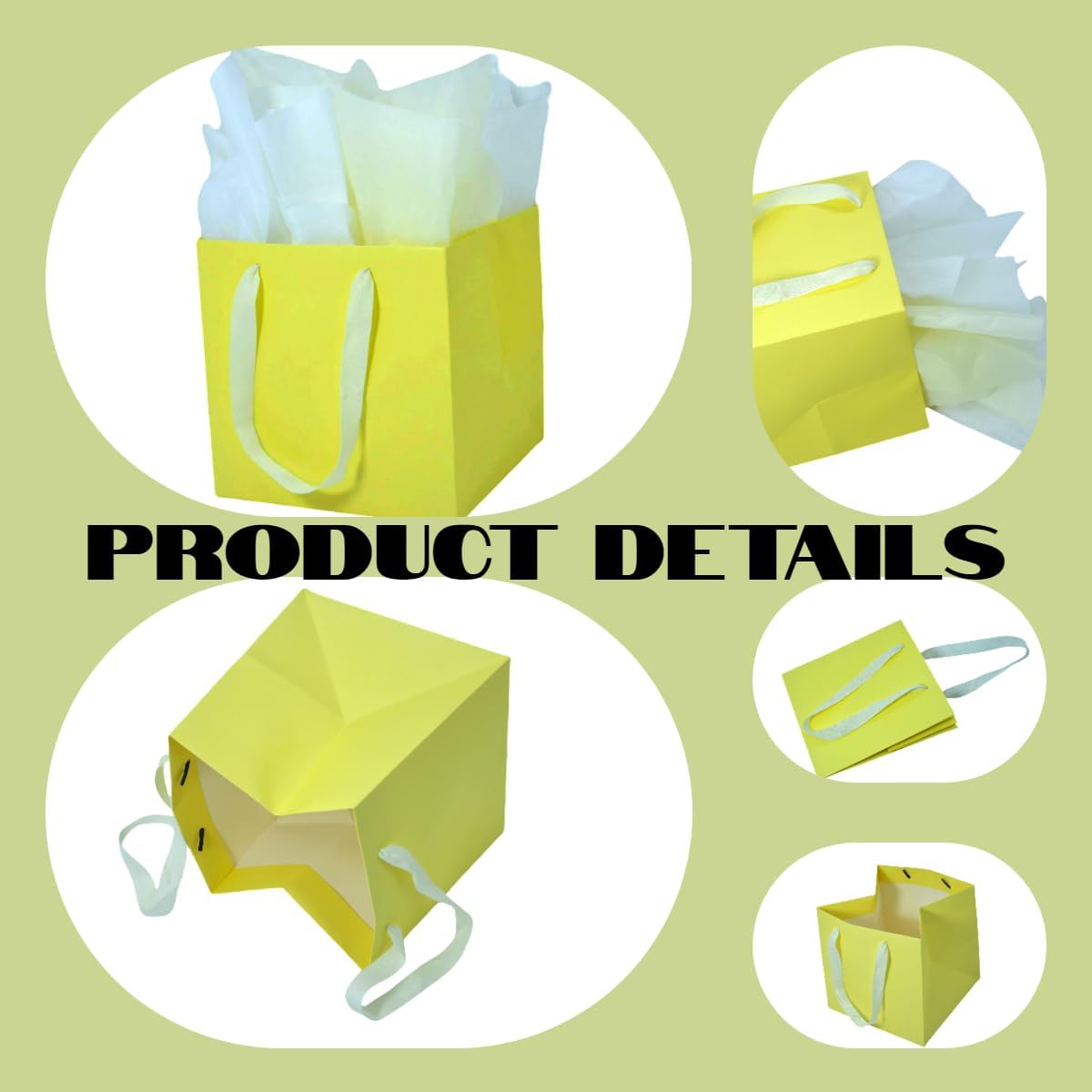 Small Square Gift Bags with Tissue Paper, Yellow, 2 PK, 5.9 IN | Paper Bags with Handles for Birthday, Wedding, Party Favors, Presents, Flowers, Shopping, Gift Wrap