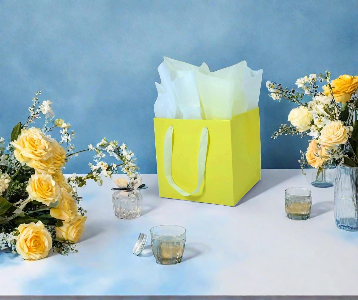 Small Square Gift Bags with Tissue Paper, Yellow, 2 PK, 5.9 IN | Paper Bags with Handles for Birthday, Wedding, Party Favors, Presents, Flowers, Shopping, Gift Wrap