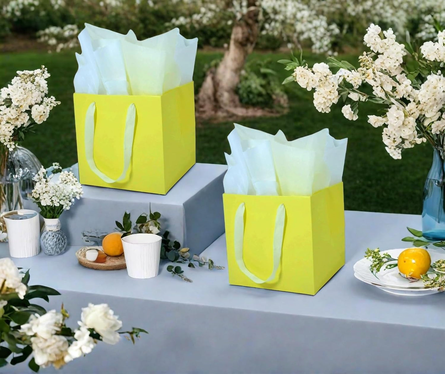Small Square Gift Bags with Tissue Paper, Yellow, 2 PK, 5.9 IN | Paper Bags with Handles for Birthday, Wedding, Party Favors, Presents, Flowers, Shopping, Gift Wrap