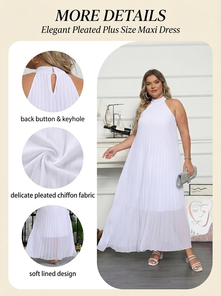 Womens Plus Size Chiffon Loose Long Maxi Dresses | Sleeveless, Halter Neck, Pleated, Summer Casual Formal Dress, Wedding Guest, Beach, Vacation, Prom, Party, Club, Evening