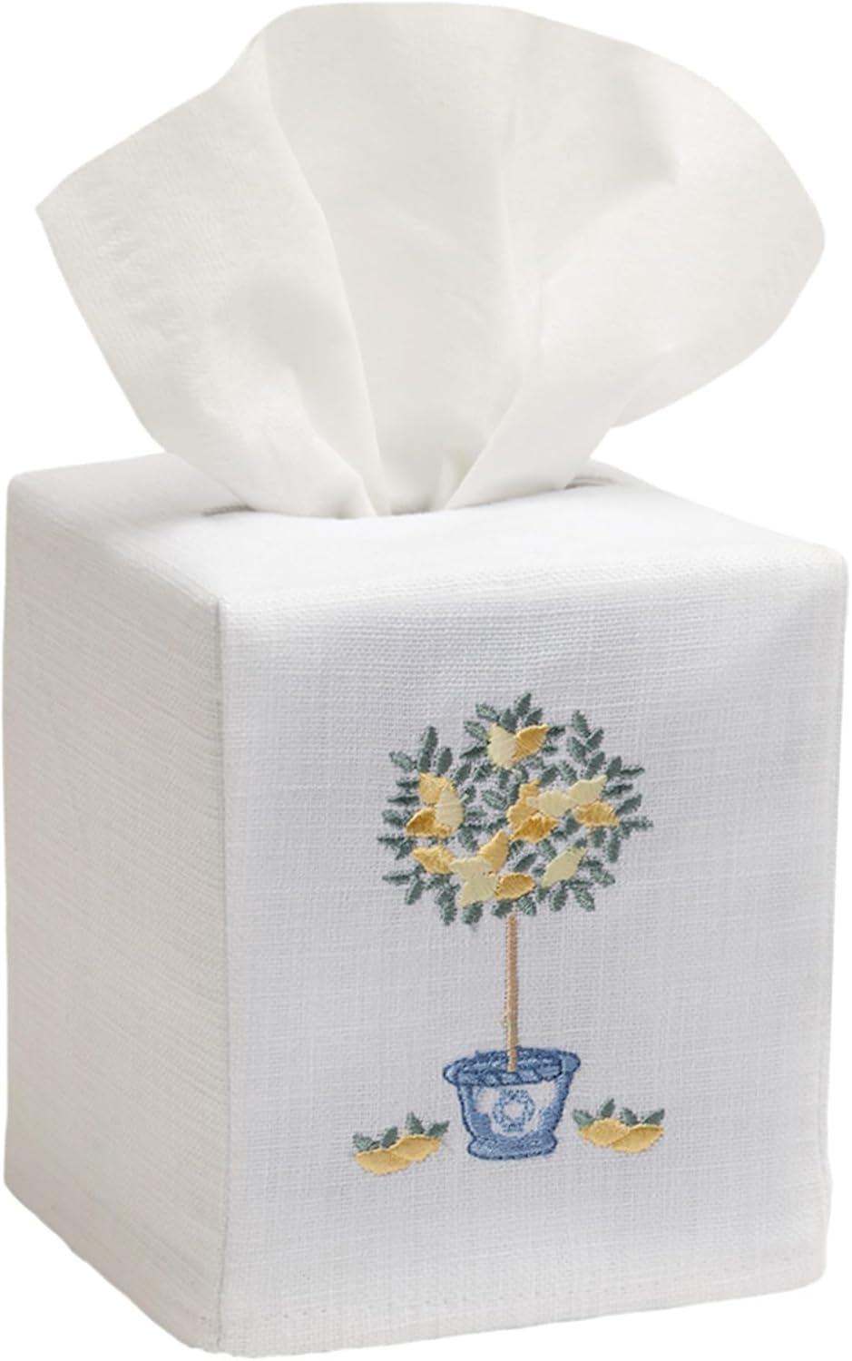 Square Tissue Box Cover, Linen/Cotton Fabric Tissue Holder, Decorative Cloth Tissue Cube Cover, Botanical Designs, Lemon Topiary Tree