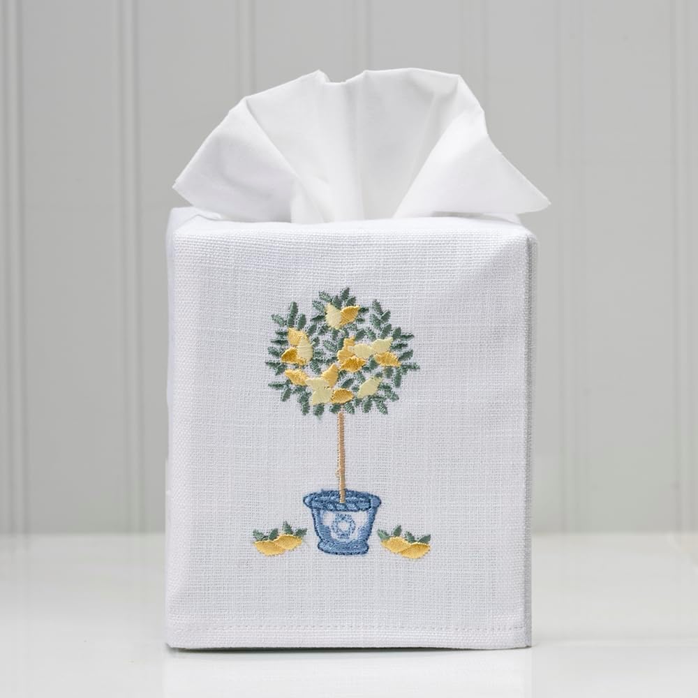 Square Tissue Box Cover, Linen/Cotton Fabric Tissue Holder, Decorative Cloth Tissue Cube Cover, Botanical Designs, Lemon Topiary Tree