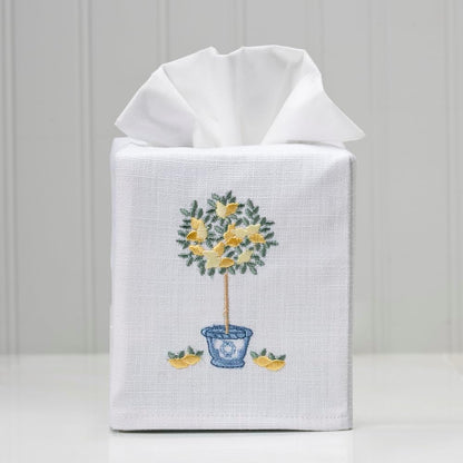 Square Tissue Box Cover, Linen/Cotton Fabric Tissue Holder, Decorative Cloth Tissue Cube Cover, Botanical Designs, Lemon Topiary Tree