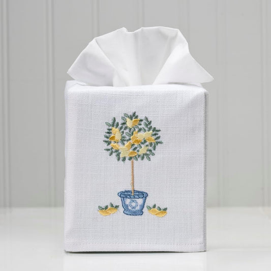 Square Tissue Box Cover, Linen/Cotton Fabric Tissue Holder, Decorative Cloth Tissue Cube Cover, Botanical Designs, Lemon Topiary Tree
