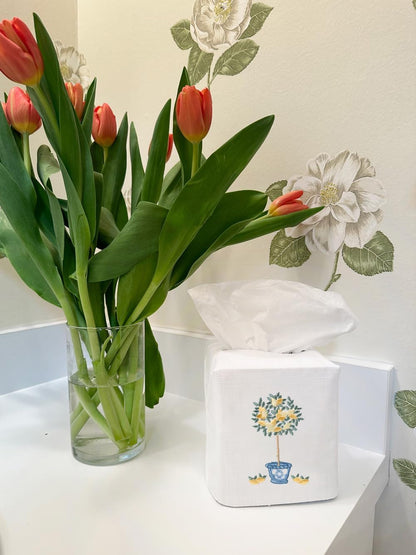 Square Tissue Box Cover, Linen/Cotton Fabric Tissue Holder, Decorative Cloth Tissue Cube Cover, Botanical Designs, Lemon Topiary Tree